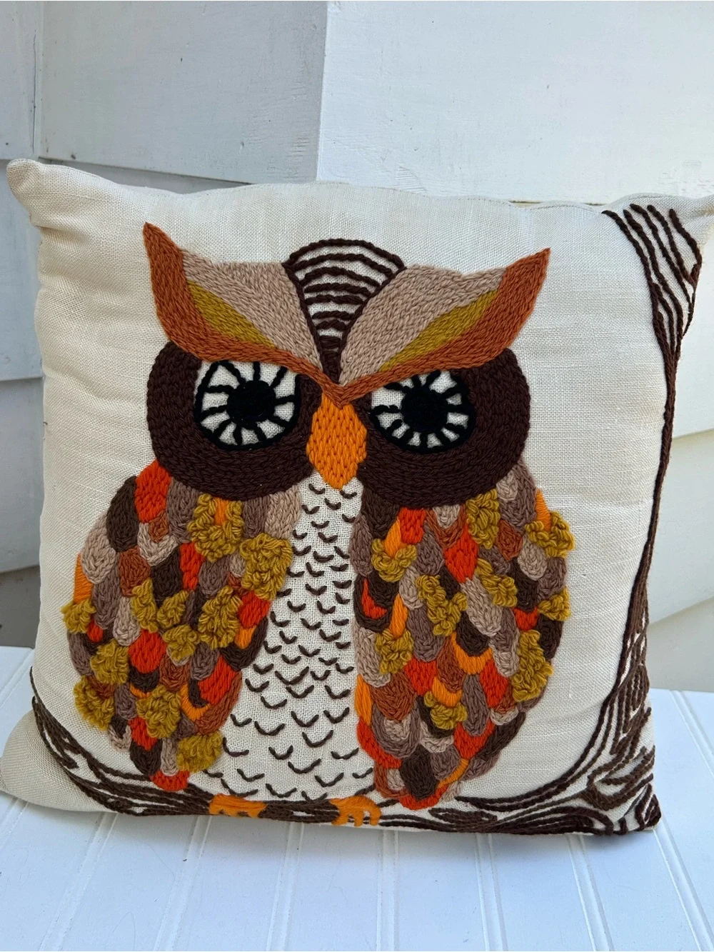 Vintage Pillow Owl Crewel Embroidered Decorative Throw Autumn Tones 13x13